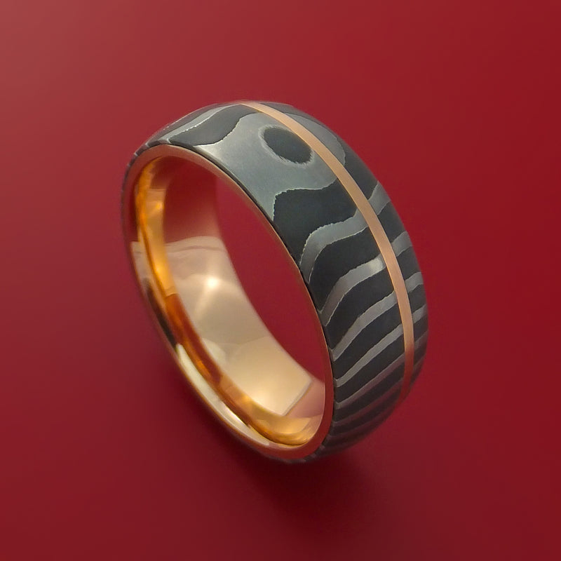 Tiger Damascus Steel Ring with 14k Rose Gold Inlay and Interior 14k Rose Gold Sleeve Custom Made Band