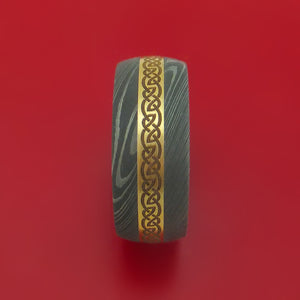 Damascus Steel Ring with 14k Yellow Gold and Infinity Knot Etched Celtic Design Inlays and Interior Hardwood Sleeve Custom Made Band