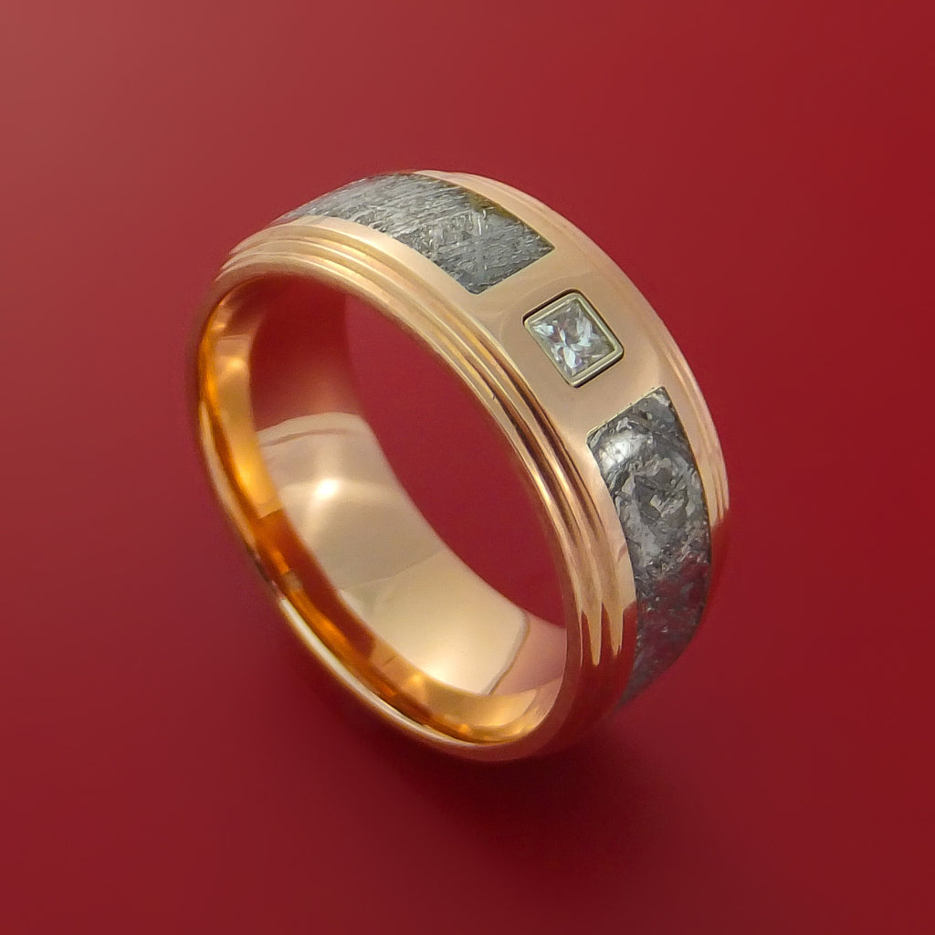 14k Rose Gold Ring with Gibeon Meteorite Inlay and Diamond Custom Made Band