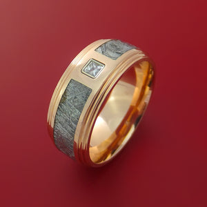 14k Rose Gold Ring with Gibeon Meteorite Inlay and Diamond Custom Made Band