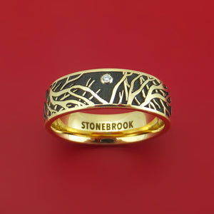 14K Yellow Gold Ring with Tree Branches and Diamond Custom Made Band