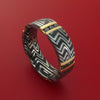 Damascus Steel Zebra Pattern Ring with 14K Yellow Gold and Black Diamonds Custom Made Band