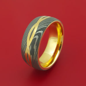 Damascus Steel 14K Yellow Gold Celtic Knot Ring Infinity Design with Sleeve Wedding Band