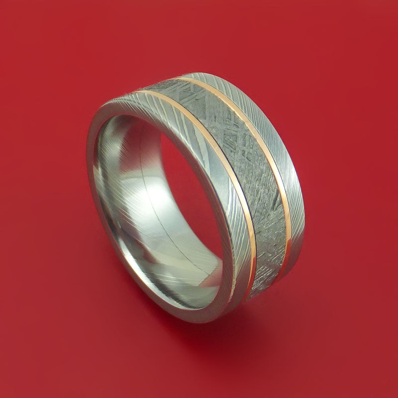 Damascus Steel Ring with Gibeon Meteorite and 14k Rose Gold Inlays Custom Made Band
