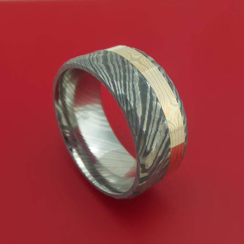 Damascus Steel and 14K Rose Gold, White Gold and Silver Mokume Hammered Band Custom Made