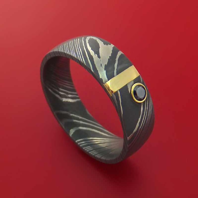 Damascus Steel Ring with 14k Yellow Gold Inlay and Black Diamond Custom Made Band