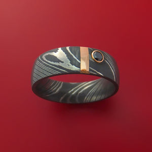Damascus Steel with 14K Rose Gold and Black Diamond Custom Made Band