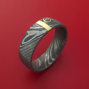 Damascus Steel Ring with 14k Yellow Gold Inlay and Black Diamond Custom Made Band