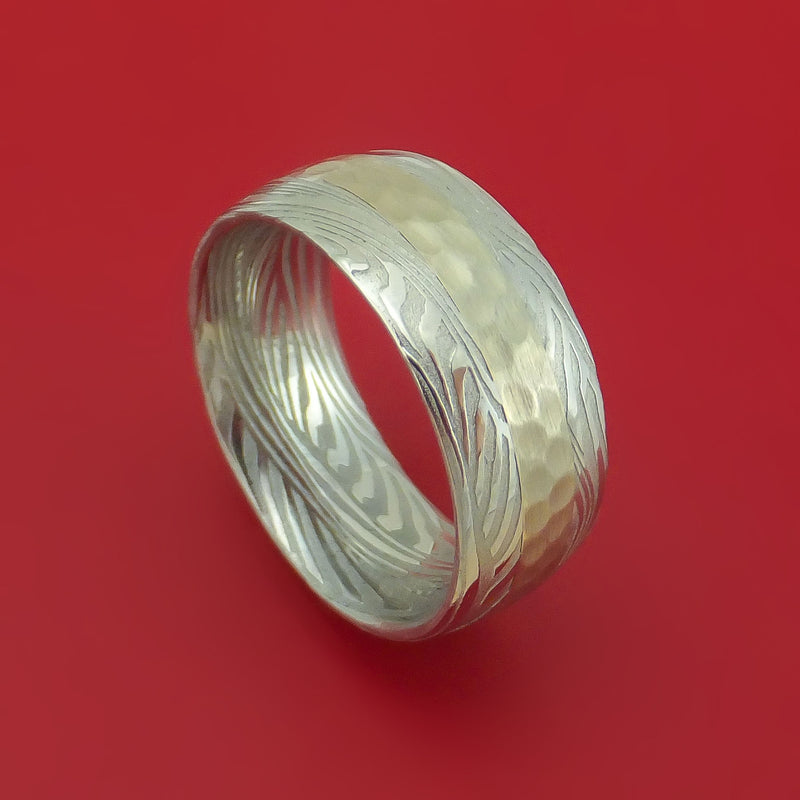 Sunset Kuro Damascus Steel Ring with 14K White Gold Hammered Inlay Custom Made Band