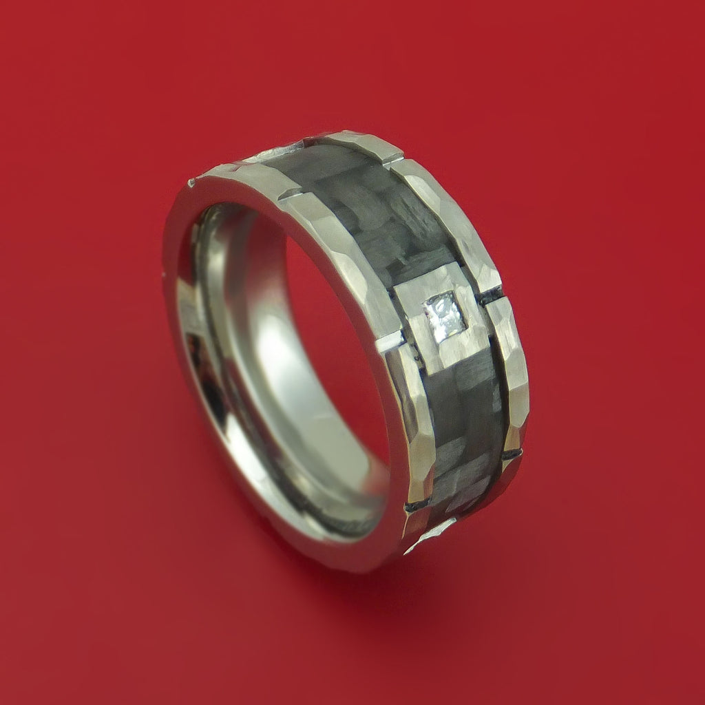 Cobalt Chrome Hammered Ring with Carbon Fiber Inlay and Diamond Custom Band