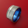 Damascus Steel Wide Ring with Platinum Inlay and Anodized Titanium Sleeve Wedding Band Custom Made