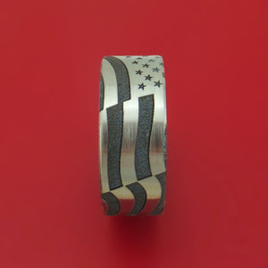 Titanium Ring with Laser-Etched American Flag Inlay and Interior Hardwood Sleeve Custom Made Band