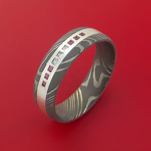 Damascus Steel Ring with Sterling Silver Inlay Diamonds and Rubies Custom Made Band