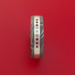 Damascus Steel Ring with Sterling Silver Inlay Diamonds and Rubies Custom Made Band