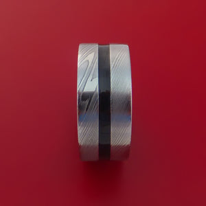 Damascus Steel Ring with Cerakote Inlay and Interior Hardwood Sleeve Custom Made Band