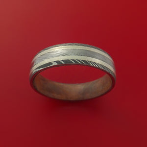 Damascus Steel Ring with Sterling Silver Inlay and Interior Hardwood Sleeve Custom Made Band