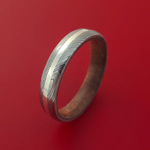 Damascus Steel Ring with Sterling Silver Inlay and Interior Hardwood Sleeve Custom Made Band
