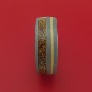 Titanium Ring with Dinosaur Bone and 14k Yellow Gold Inlays Custom Made Band