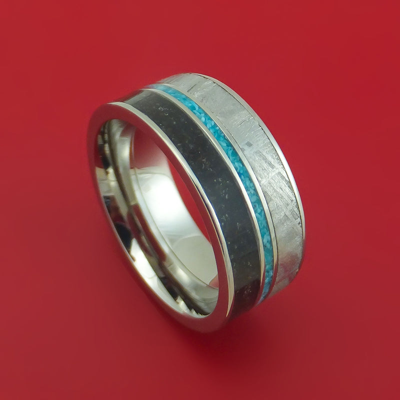 Titanium Ring with Gibeon Meteorite Dinosaur Bone and Turquoise Inlays Custom Made Band