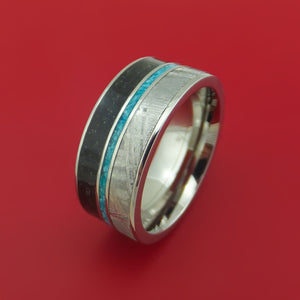 Titanium Ring with Gibeon Meteorite Dinosaur Bone and Turquoise Inlays Custom Made Band