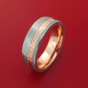 Damascus Steel Ring with 14k Rose Gold Inlay and Interior 14k Rose Gold Sleeve Custom Made Band