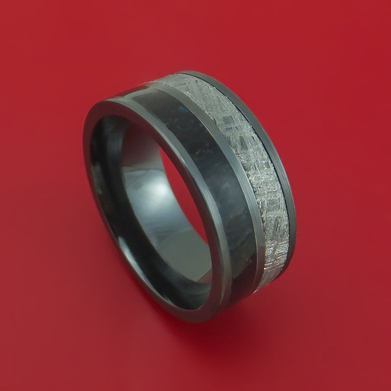 Black Zirconium Ring with Dinosaur Bone and Gibeon Meteorite Inlays Custom Made Band