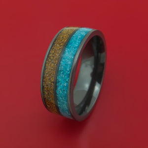 Black Zirconium Ring with Dinosaur Bone and Turquoise Inlays Custom Made Band