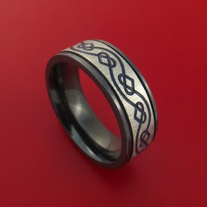 Black Zirconium Ring with Infinity Heart Milled Celtic Design Groove and Cerakote Inlays Custom Made Band
