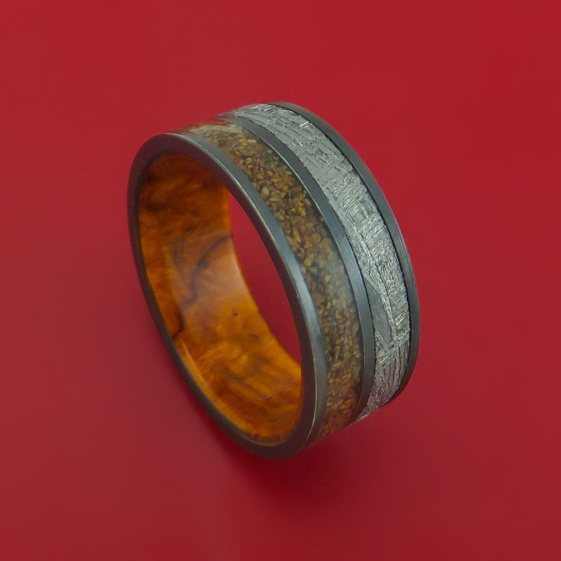 Black Zirconium Ring with Dinosaur Bone and Gibeon Meteorite Inlays and Interior Hardwood Sleeve Custom Made Band