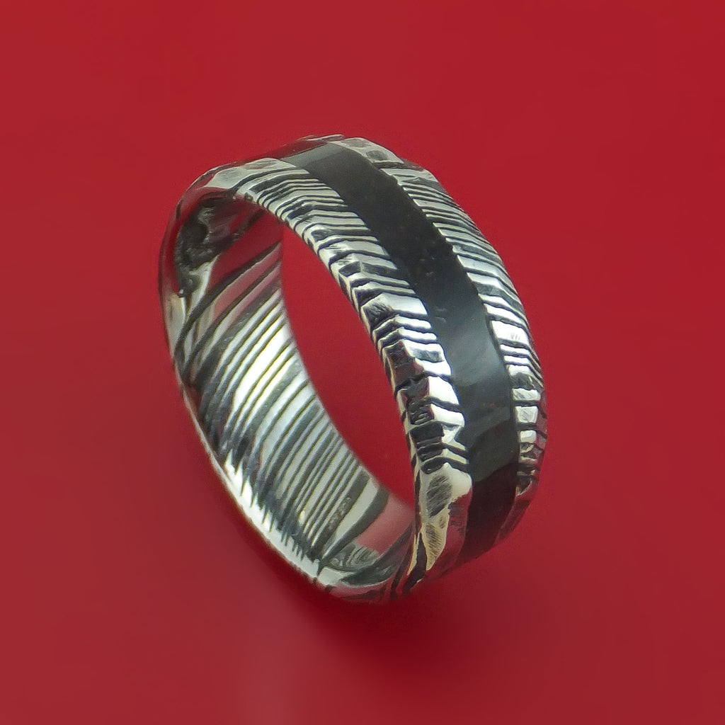 Kuro Damascus Steel Ring with Dinosaur Bone Inlay Custom Made Band