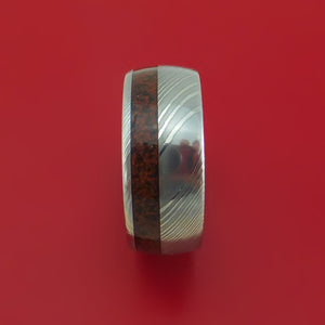 Damascus Steel Ring with Dinosaur Bone Inlay Custom Made Band