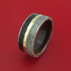 Kuro Damascus Steel Ring with Dinosaur Bone Gibeon Meteorite and 14k Yellow Gold Inlays and Interior Hardwood Sleeve Custom Made Band