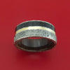 Kuro Damascus Steel Ring with Dinosaur Bone Gibeon Meteorite and 14k Yellow Gold Inlays and Interior Hardwood Sleeve Custom Made Band