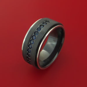 Black Zirconium Ring with Sapphires and 14k White Gold Edges Custom Made Band