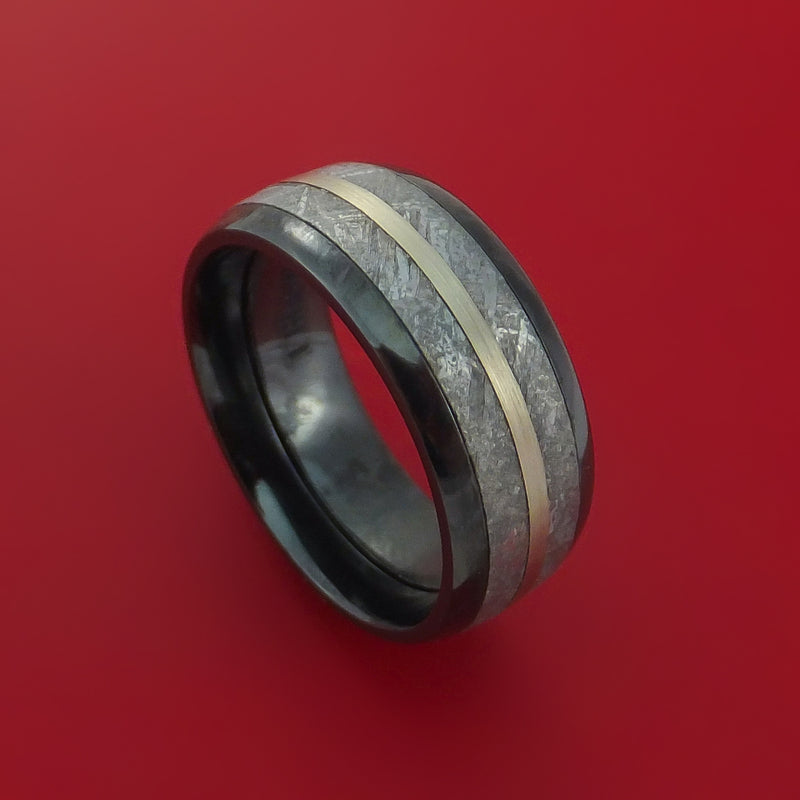 Black Zirconium Ring with Gibeon Meteorite and 14k White Gold Inlays Custom Made Band
