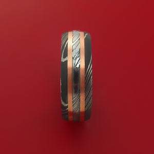 Damascus Steel Ring with Copper Inlay and Interior Hardwood Sleeve Custom Made Band