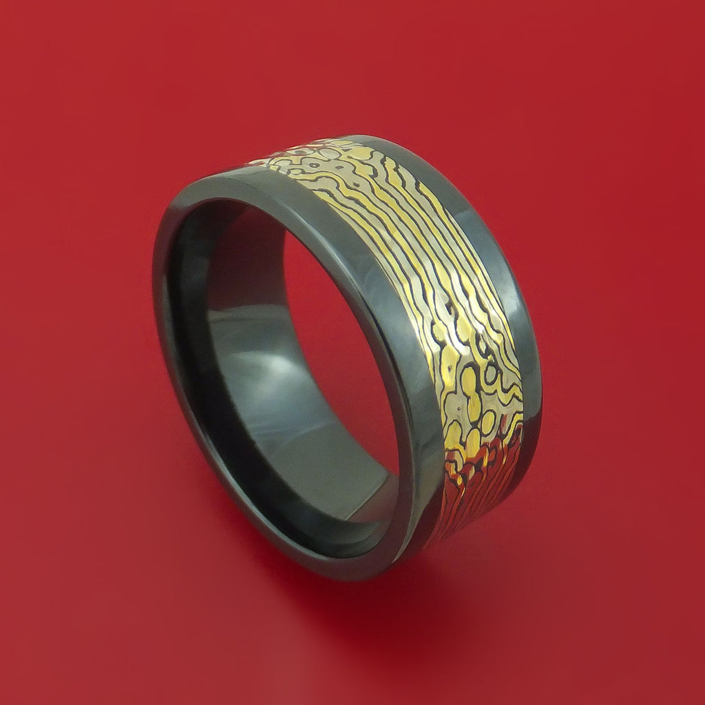 Black Zirconium and Yellow Gold Mokume Shakudo Hammered Ring Custom Made Band