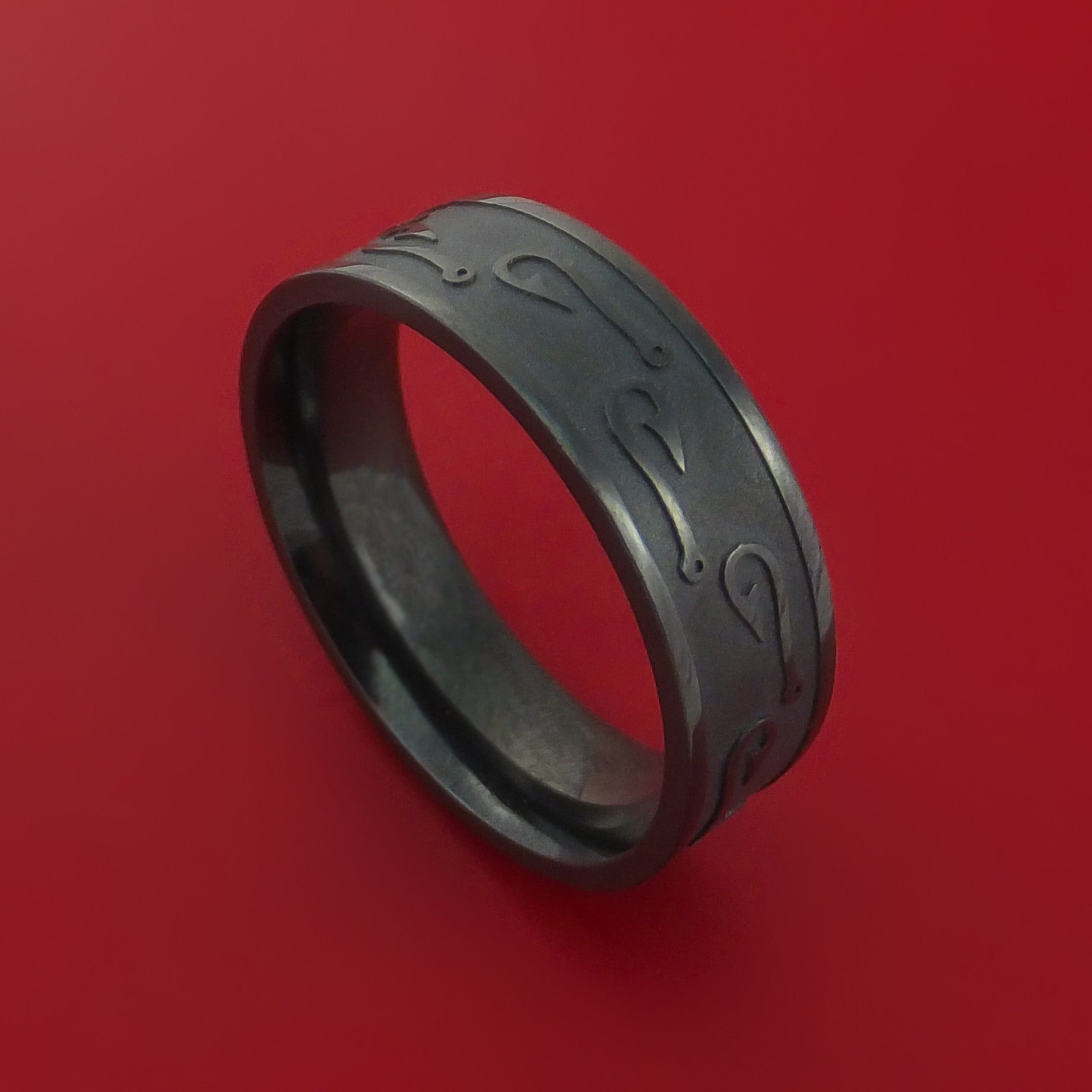 Black Zirconium Ring with Fish Hook Laser-Etched Pattern Inlay Custom Made Band Black Zirconium Ring with Fish Hook Laser-Etched Pattern Inlay Custom Made Band