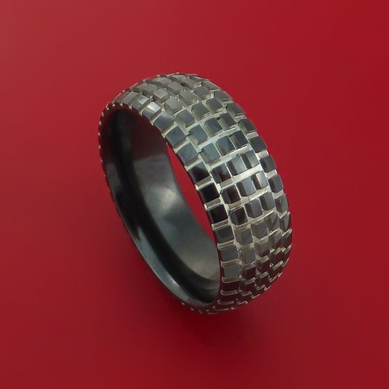 Black Zirconium Ring with Knob Tire Tread Pattern Inlay Custom Made Band