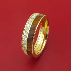 14k Yellow Gold Ring with Hardwood Inlay and Diamonds Custom Made Band