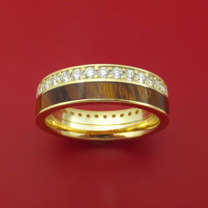 14k Yellow Gold Ring with Hardwood Inlay and Diamonds Custom Made Band