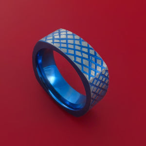 Titanium Anodized Square Ring with Crosshatch Pattern Custom Made Band