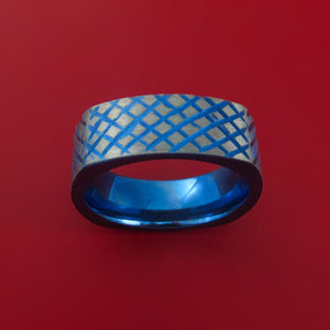 Titanium Anodized Square Ring with Crosshatch Pattern Custom Made Band