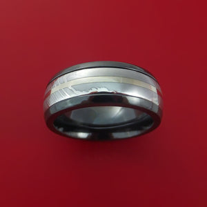Black Zirconium Ring with Damascus Steel and 14k White Gold Inlays Custom Made Band