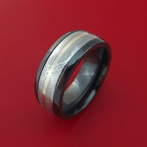 Black Zirconium Ring with Damascus Steel and 14k White Gold Inlays Custom Made Band