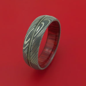 Damascus Steel Ring with Nickel-Wound Guitar String Inlay and Interior Hardwood Sleeve Custom Made Band