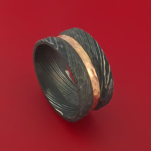 Wide Hammered Damascus Steel Ring with 14k Rose Gold Inlay Custom Made Band