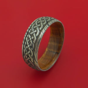 Damascus Steel Ring with Infinity Knot Milled Celtic Design Inlay and Interior Hardwood Sleeve Custom Made Band