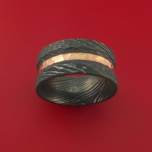 Wide Hammered Damascus Steel Ring with 14k Rose Gold Inlay Custom Made Band