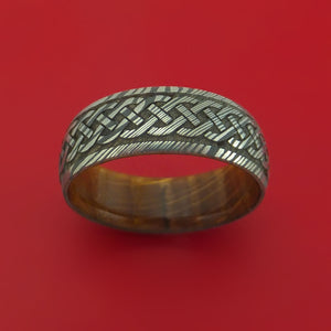 Damascus Steel Ring with Infinity Knot Milled Celtic Design Inlay and Interior Hardwood Sleeve Custom Made Band